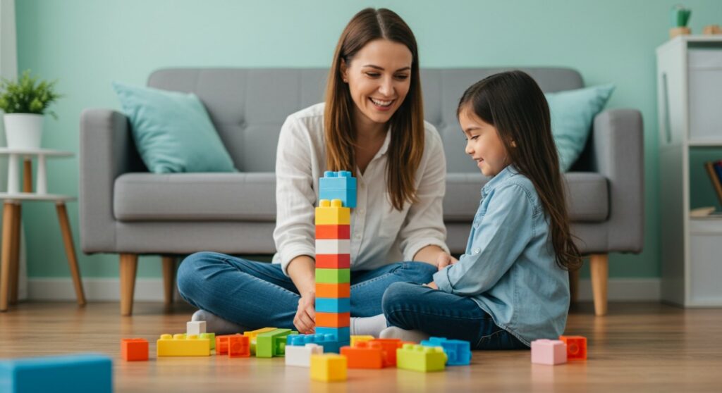 Terapeuta ABA apoyando a un niño durante una actividad estructurada de aprendizaje en casa