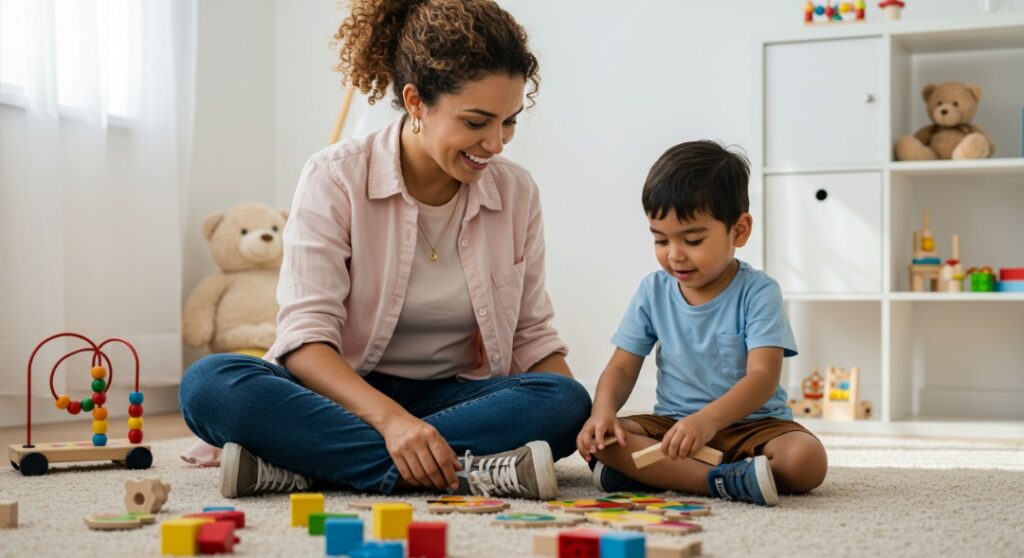ABA therapist working with a child during a play-based learning activity